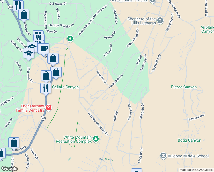 map of restaurants, bars, coffee shops, grocery stores, and more near 102 B Racquet Drive in Ruidoso