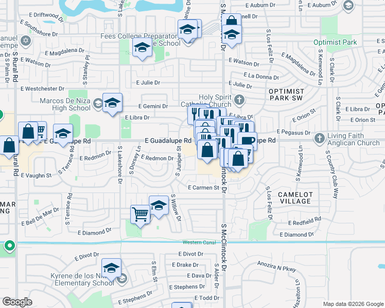 map of restaurants, bars, coffee shops, grocery stores, and more near 6441 South Butte Avenue in Tempe