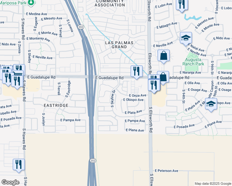 map of restaurants, bars, coffee shops, grocery stores, and more near 8944 East Obispo Avenue in Mesa
