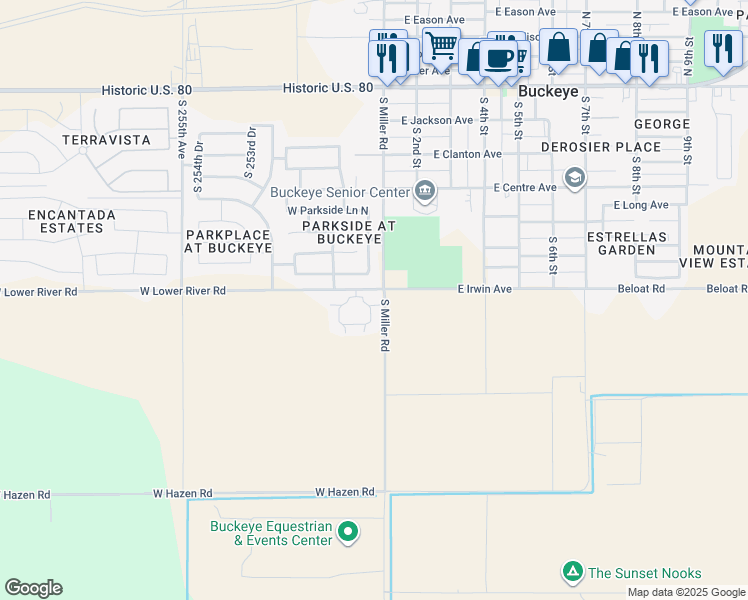 map of restaurants, bars, coffee shops, grocery stores, and more near 25157 West Beloat Road in Buckeye