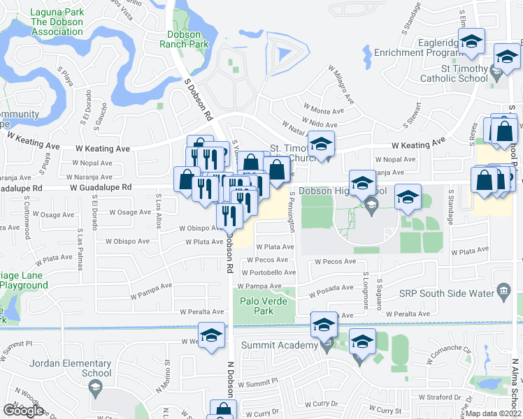 map of restaurants, bars, coffee shops, grocery stores, and more near 1837 West Guadalupe Road in Mesa