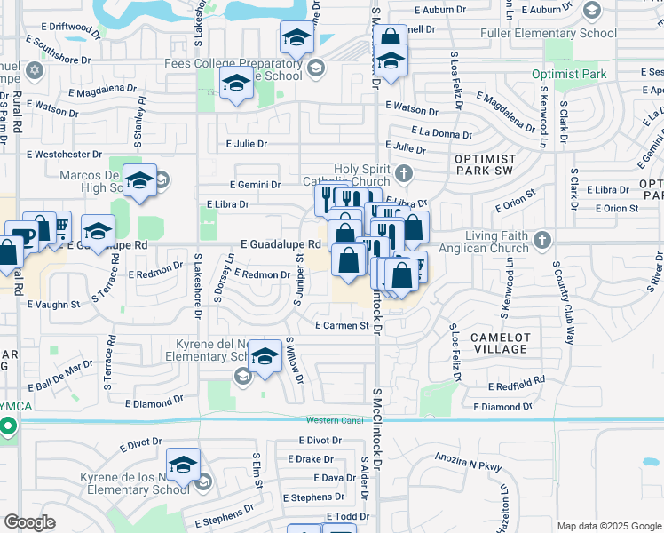 map of restaurants, bars, coffee shops, grocery stores, and more near 6441 South Butte Avenue in Tempe