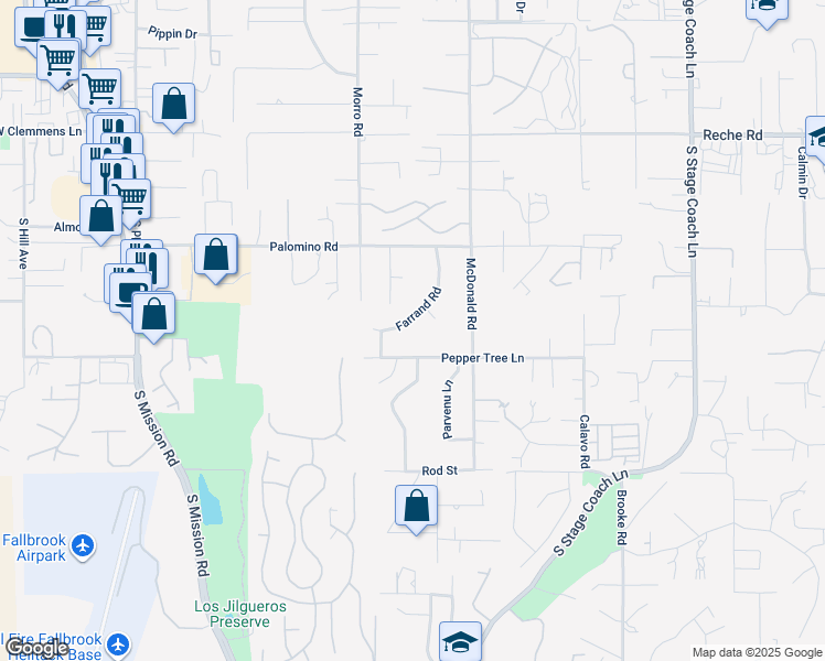map of restaurants, bars, coffee shops, grocery stores, and more near 1430 Farrand Road in Fallbrook