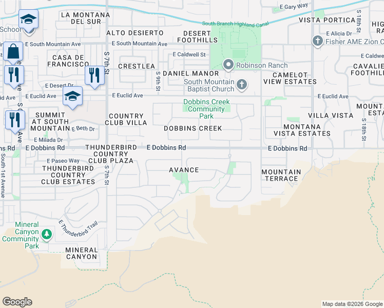 map of restaurants, bars, coffee shops, grocery stores, and more near 1114 East Paseo Way in Phoenix