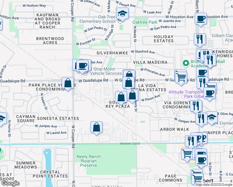 map of restaurants, bars, coffee shops, grocery stores, and more near 757 North Golden Key Street in Gilbert