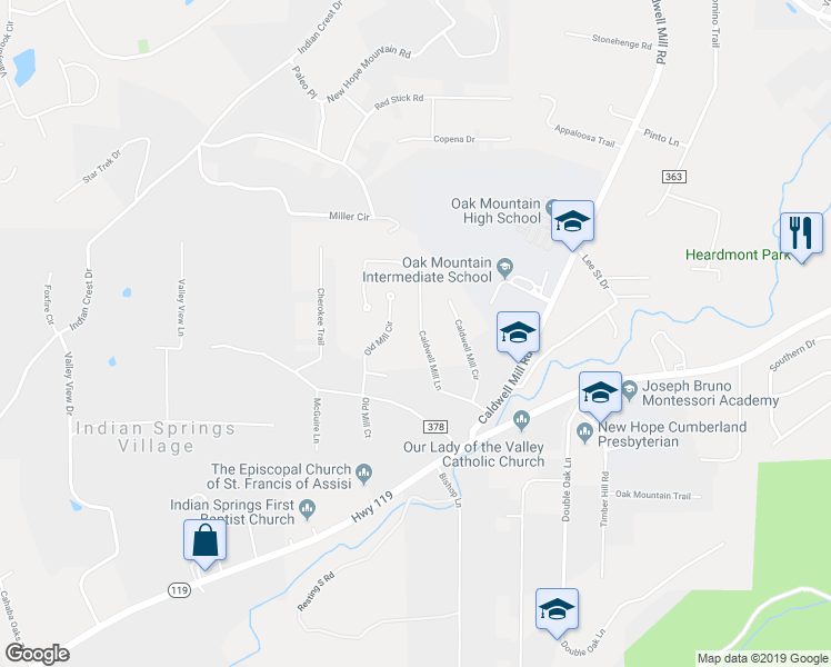 map of restaurants, bars, coffee shops, grocery stores, and more near 4938 Caldwell Mill Lane in Birmingham