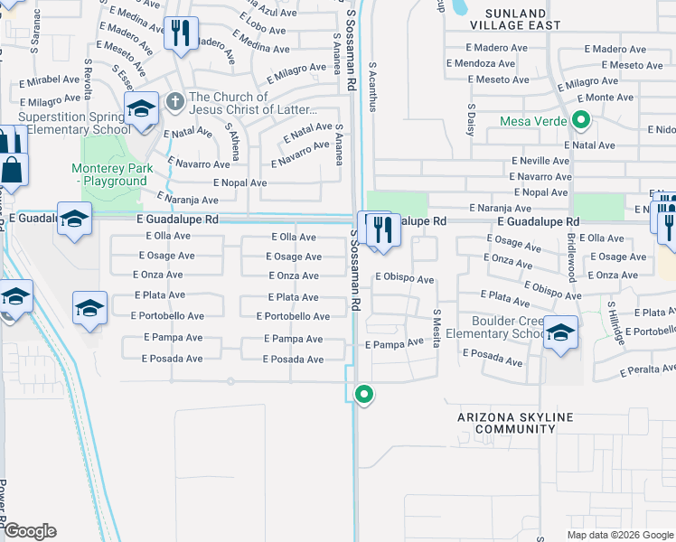 map of restaurants, bars, coffee shops, grocery stores, and more near 7534 East Onza Avenue in Mesa