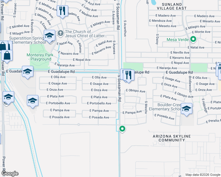 map of restaurants, bars, coffee shops, grocery stores, and more near 7534 East Onza Avenue in Mesa