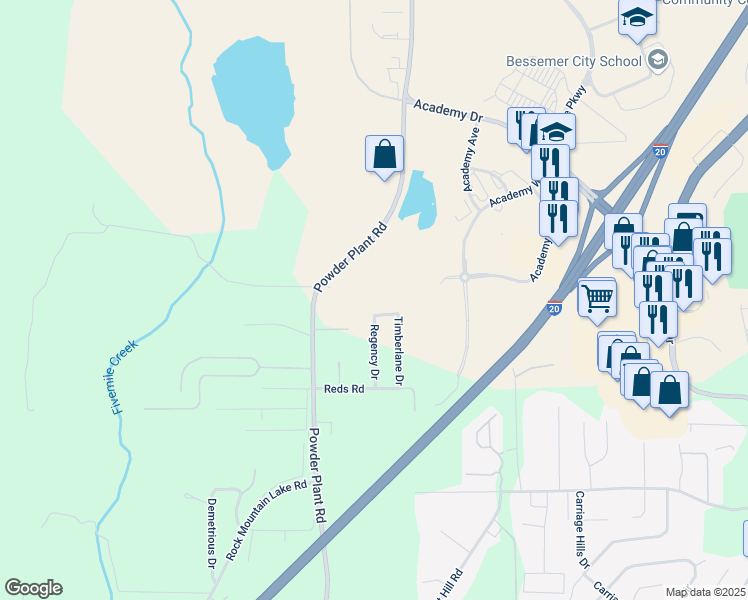 map of restaurants, bars, coffee shops, grocery stores, and more near 1223 Brentwood Drive in Bessemer