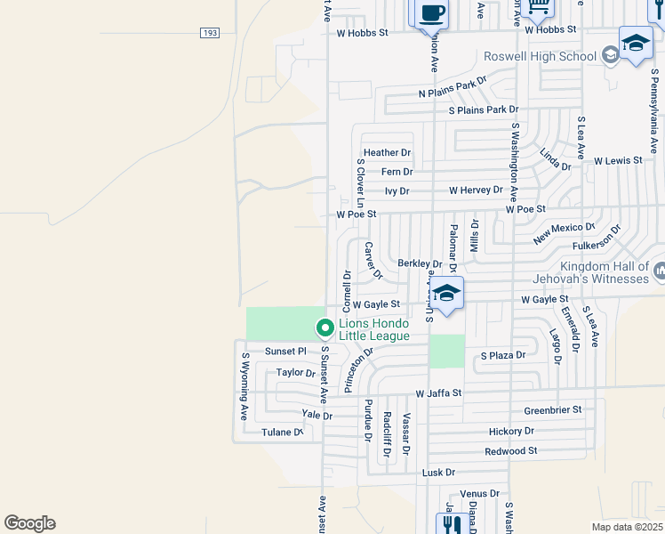 map of restaurants, bars, coffee shops, grocery stores, and more near 2401 South Sunset Avenue in Roswell