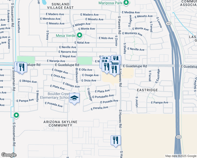 map of restaurants, bars, coffee shops, grocery stores, and more near 8222 East Onza Avenue in Mesa