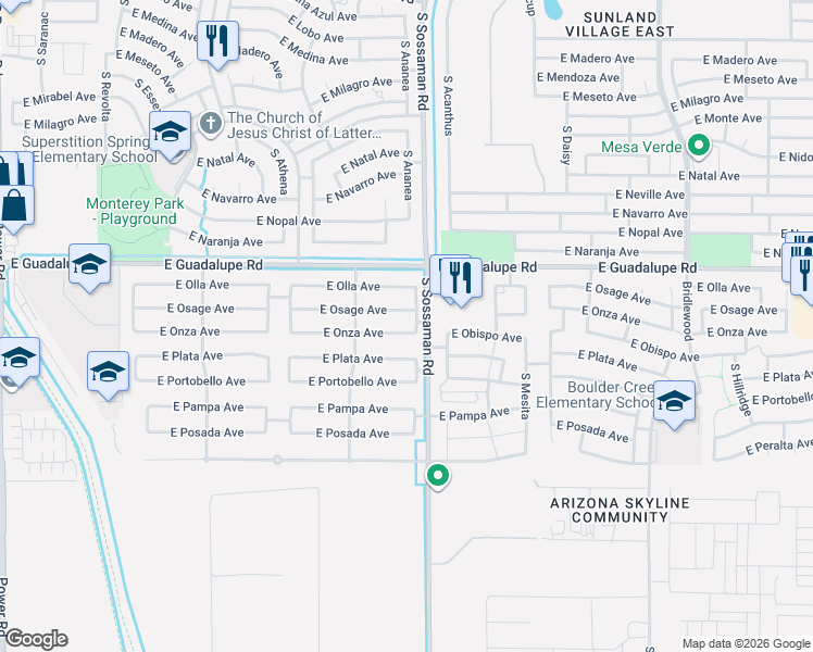 map of restaurants, bars, coffee shops, grocery stores, and more near 7534 East Onza Avenue in Mesa