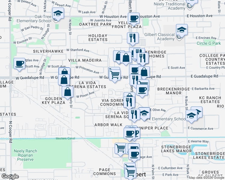 map of restaurants, bars, coffee shops, grocery stores, and more near 81 West Guadalupe Road in Gilbert