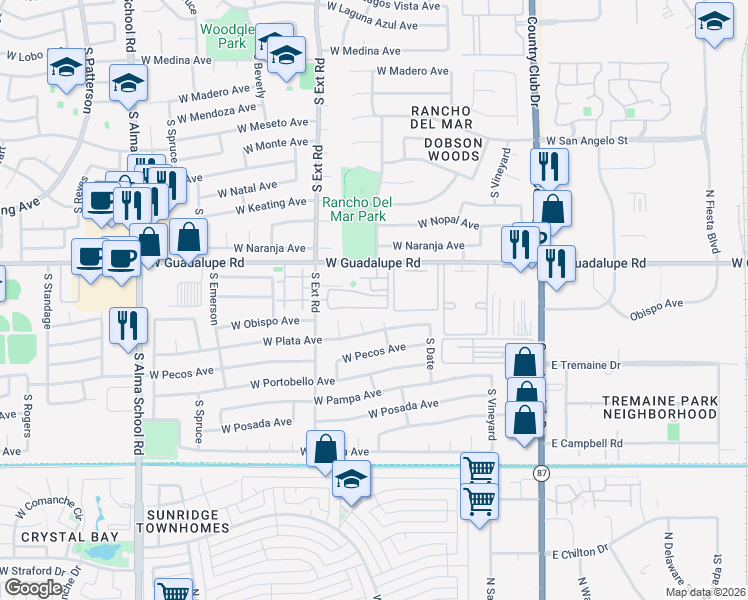 map of restaurants, bars, coffee shops, grocery stores, and more near 2855 South Extension Road in Mesa