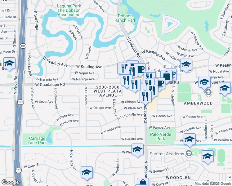 map of restaurants, bars, coffee shops, grocery stores, and more near 2158 West Osage Avenue in Mesa