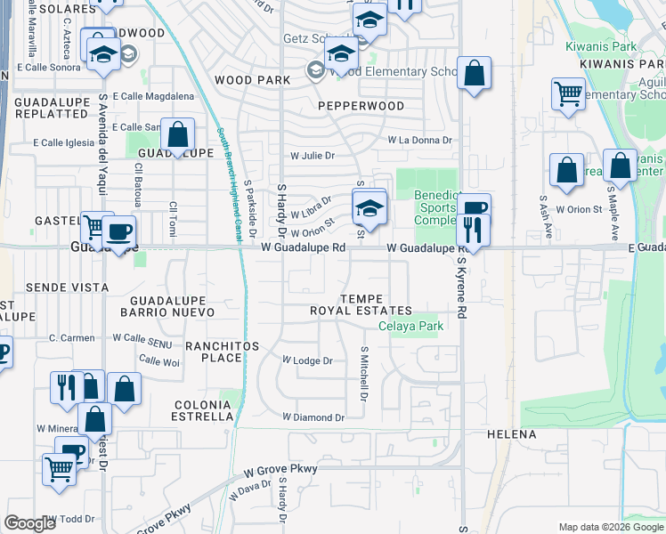 map of restaurants, bars, coffee shops, grocery stores, and more near 730 West Paseo Way in Tempe