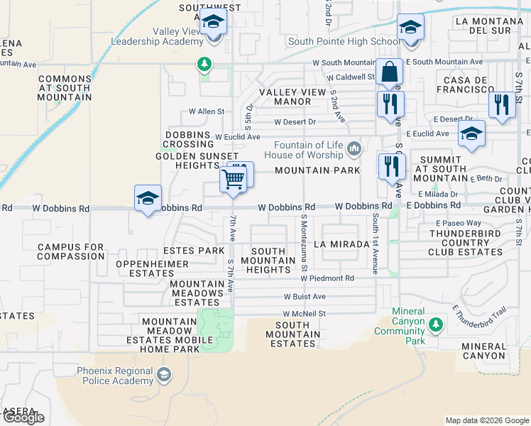 map of restaurants, bars, coffee shops, grocery stores, and more near 509 West Dobbins Road in Phoenix