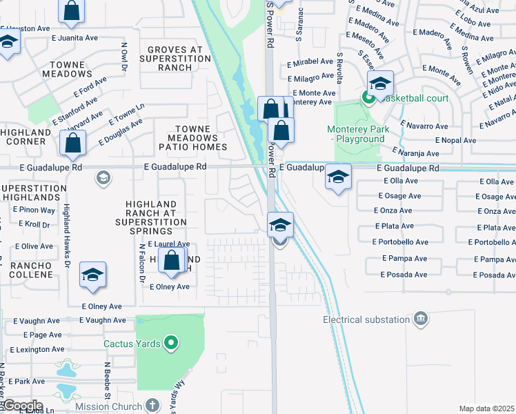 map of restaurants, bars, coffee shops, grocery stores, and more near 696 North Sparrow Court in Gilbert