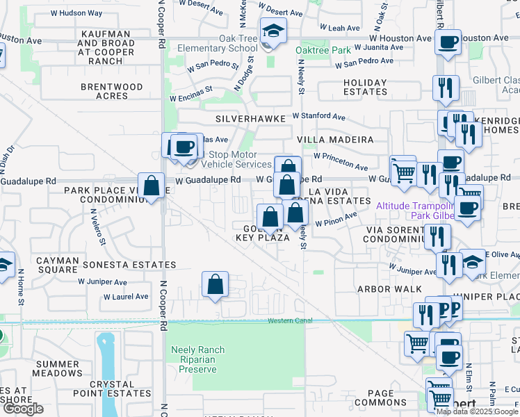 map of restaurants, bars, coffee shops, grocery stores, and more near 757 North Golden Key Street in Gilbert