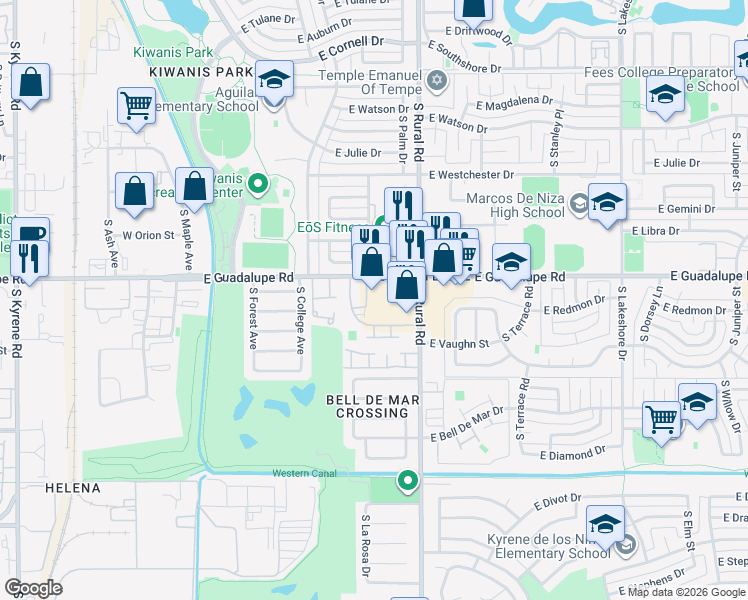 map of restaurants, bars, coffee shops, grocery stores, and more near 730 East Guadalupe Road in Tempe