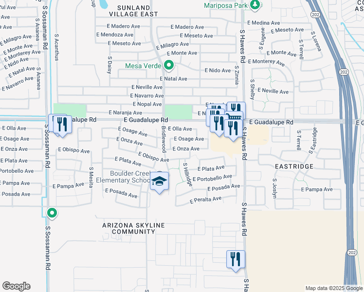 map of restaurants, bars, coffee shops, grocery stores, and more near 8140 East Onza Avenue in Mesa