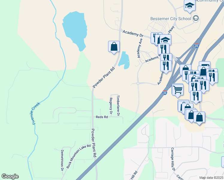 map of restaurants, bars, coffee shops, grocery stores, and more near 1223 Brentwood Drive in Bessemer