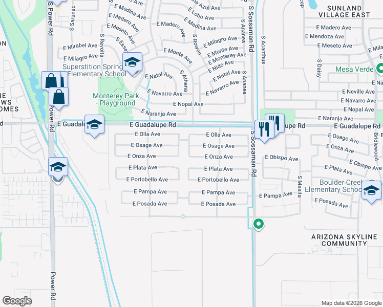 map of restaurants, bars, coffee shops, grocery stores, and more near 7342 East Onza Avenue in Mesa