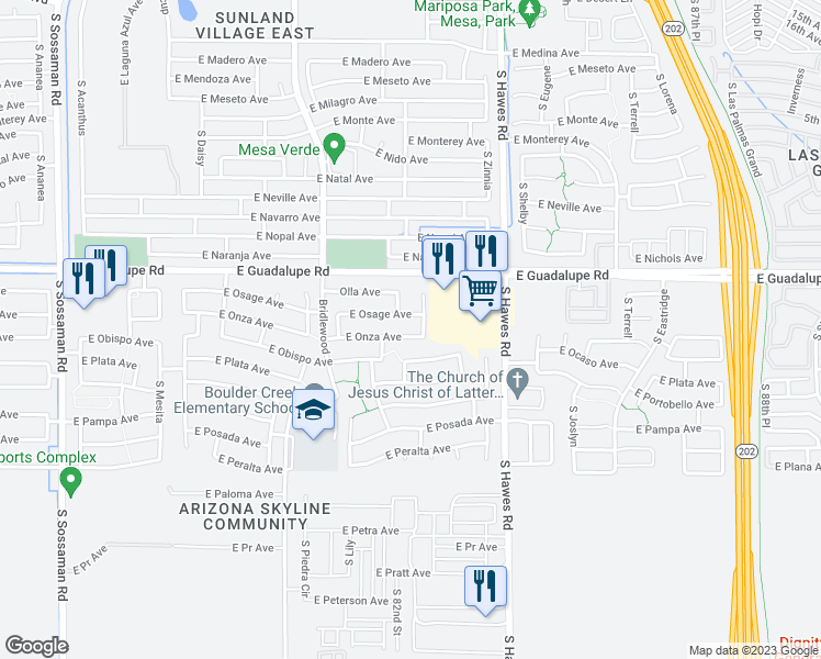 map of restaurants, bars, coffee shops, grocery stores, and more near 8222 East Onza Avenue in Mesa