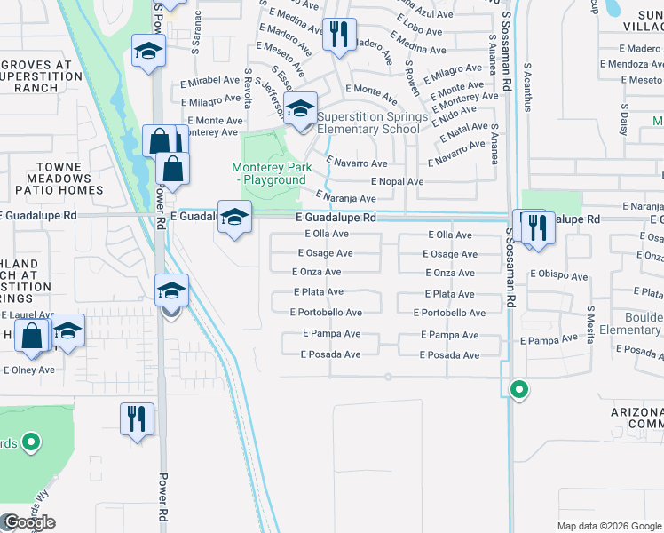 map of restaurants, bars, coffee shops, grocery stores, and more near 7204 East Onza Avenue in Mesa