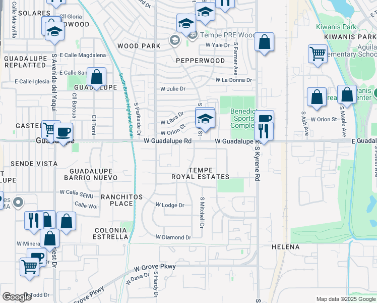 map of restaurants, bars, coffee shops, grocery stores, and more near 730 West Paseo Way in Tempe