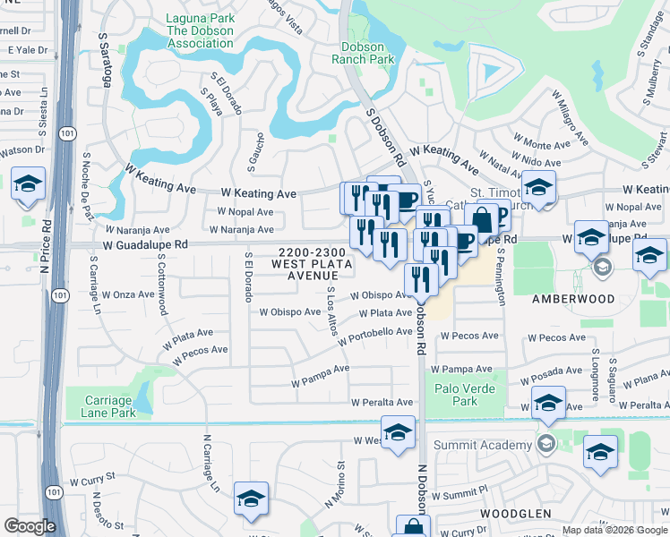 map of restaurants, bars, coffee shops, grocery stores, and more near 2158 West Osage Avenue in Mesa