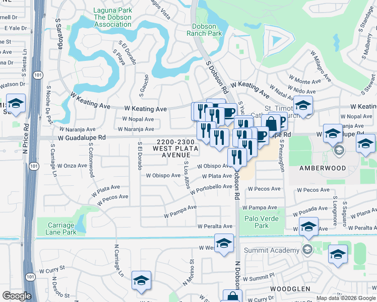 map of restaurants, bars, coffee shops, grocery stores, and more near 2158 West Osage Avenue in Mesa