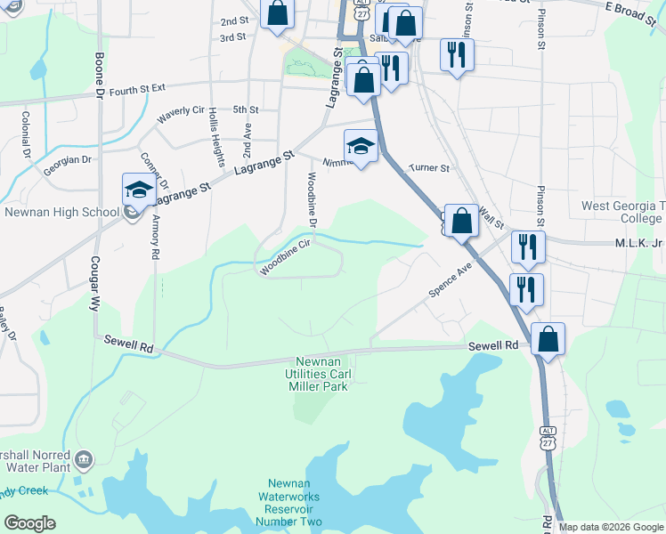 map of restaurants, bars, coffee shops, grocery stores, and more near 115 Woodbine Circle in Newnan