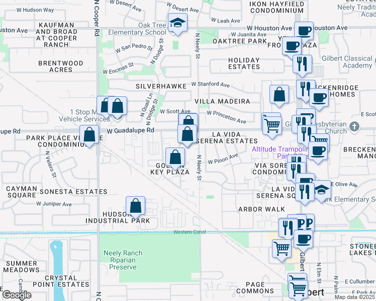map of restaurants, bars, coffee shops, grocery stores, and more near 751 North Monterey Street in Gilbert