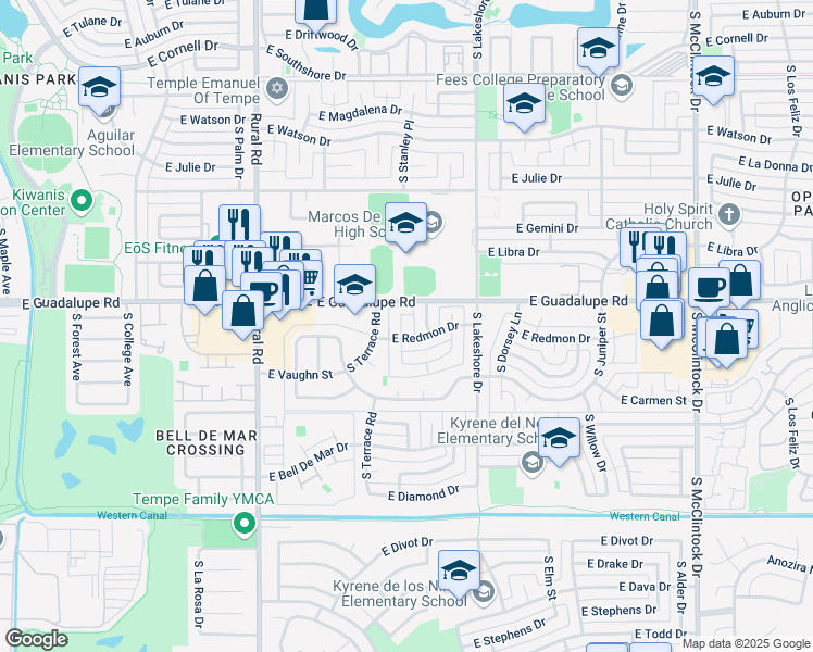 map of restaurants, bars, coffee shops, grocery stores, and more near 6421 South Newberry Road in Tempe