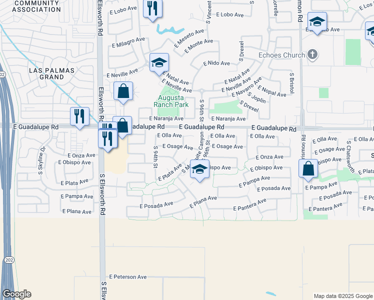 map of restaurants, bars, coffee shops, grocery stores, and more near 9511 East Osage Avenue in Mesa