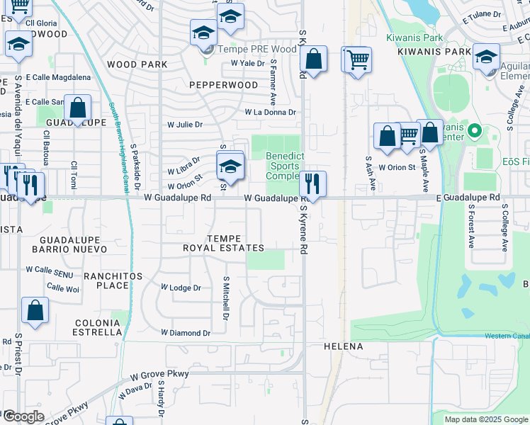 map of restaurants, bars, coffee shops, grocery stores, and more near 6421 South Wilson Street in Tempe