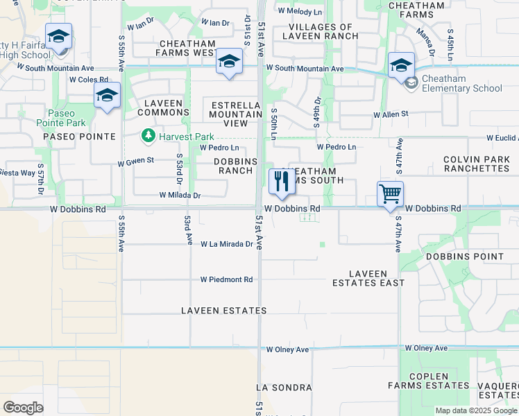 map of restaurants, bars, coffee shops, grocery stores, and more near S 51st Ave & W Dobbins Rd in Maricopa
