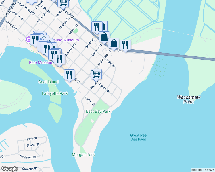 map of restaurants, bars, coffee shops, grocery stores, and more near 225 East Bay Street in Georgetown