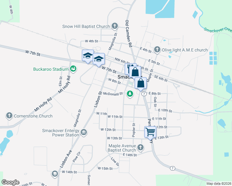 map of restaurants, bars, coffee shops, grocery stores, and more near 106 McDonald Street in Smackover