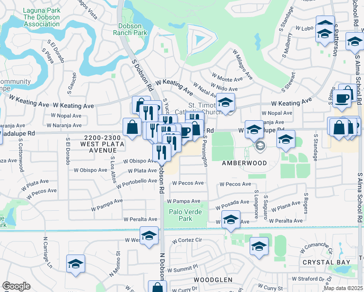 map of restaurants, bars, coffee shops, grocery stores, and more near 1837 West Guadalupe Road in Mesa