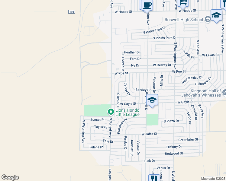 map of restaurants, bars, coffee shops, grocery stores, and more near 2401 South Sunset Avenue in Roswell