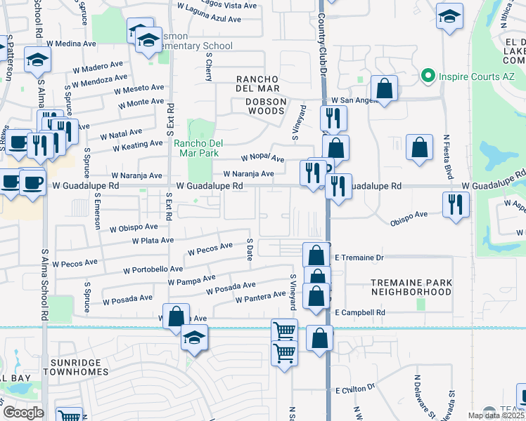 map of restaurants, bars, coffee shops, grocery stores, and more near 623 West Guadalupe Road in Mesa