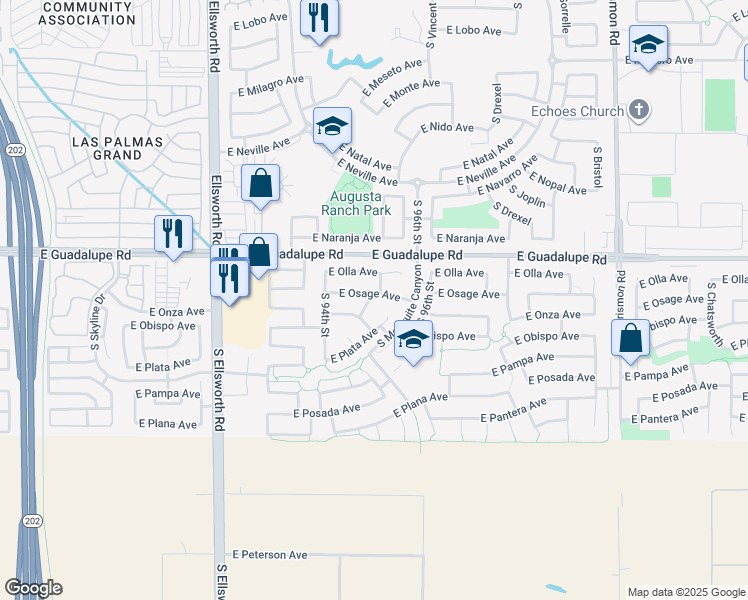 map of restaurants, bars, coffee shops, grocery stores, and more near 9511 East Osage Avenue in Mesa