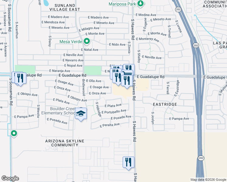 map of restaurants, bars, coffee shops, grocery stores, and more near 8257 East Guadalupe Road in Mesa