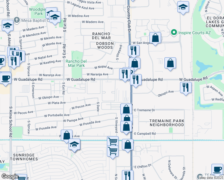 map of restaurants, bars, coffee shops, grocery stores, and more near 533 West Guadalupe Road in Mesa