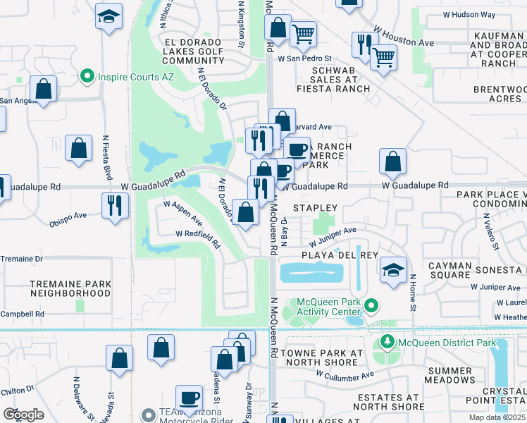 map of restaurants, bars, coffee shops, grocery stores, and more near 722 North McQueen Road in Gilbert