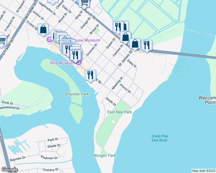 map of restaurants, bars, coffee shops, grocery stores, and more near 314 Front Street in Georgetown