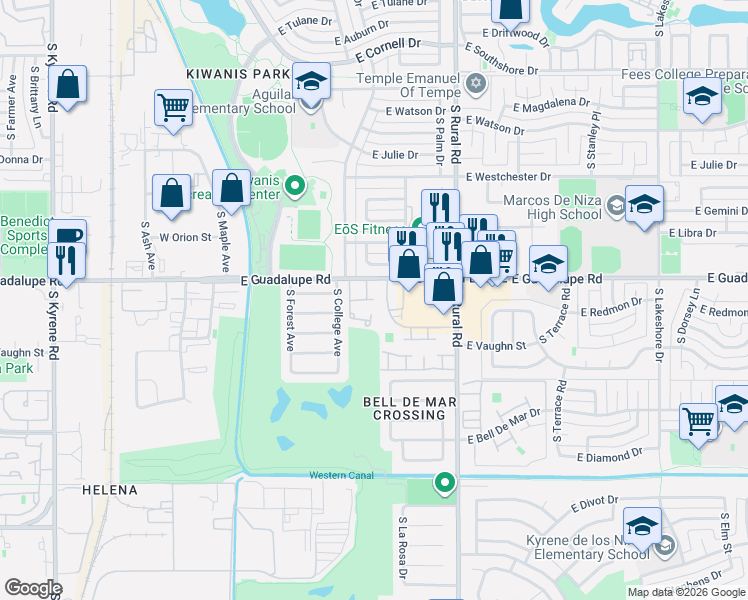 map of restaurants, bars, coffee shops, grocery stores, and more near East Redmon Drive in Tempe