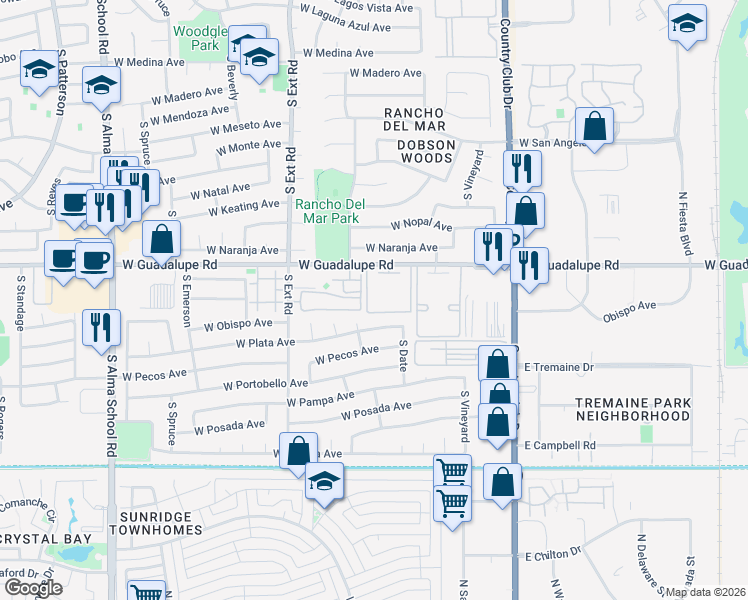 map of restaurants, bars, coffee shops, grocery stores, and more near 623 West Guadalupe Road in Mesa